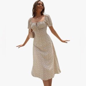 Sienna Sky S Midi Floral Ruched Bust Tie Front Puff Sleeve Midi Dress cream